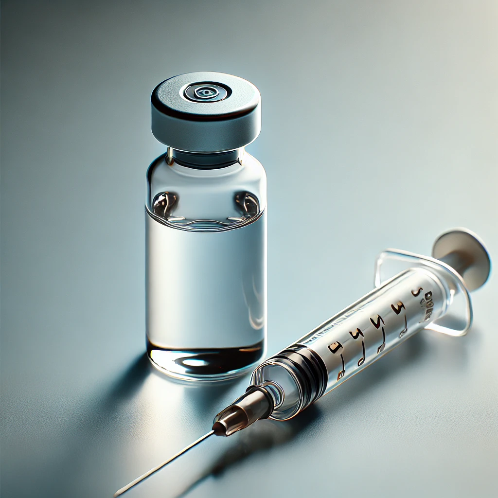 DALL·E 2025-03-28 10.58.58 - A detailed 3D-rendered image of a medical syringe and a small glass vial. The vial contains a clear liquid and has a neutral label. The syringe is pla